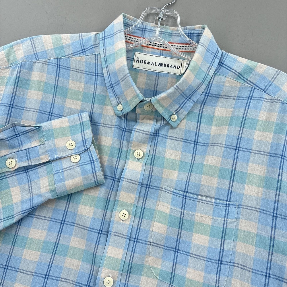 The Normal Brand Shirt Mens Large Blue Plaid Button Down Cotton Long‎ Sleeve